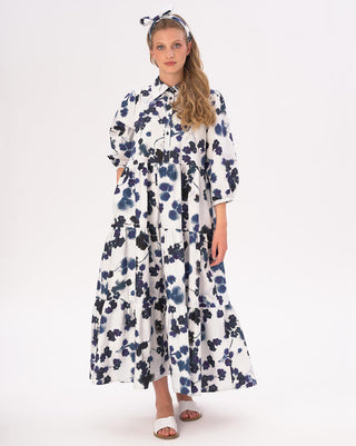 Small Floral Tiered Cotton Belted Maxi Shirtdress