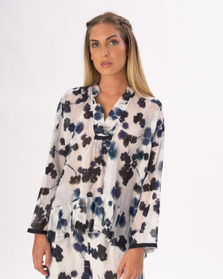 Ruffled Neck Small Floral Cotton Blouse