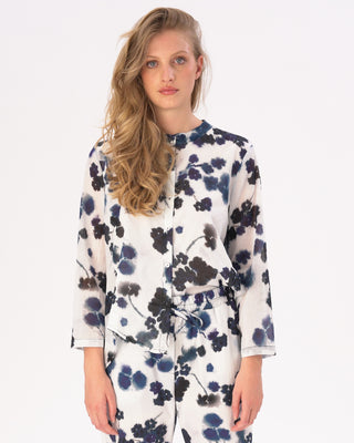 Watercolor Small Floral Band Collar Buttoned Blouse