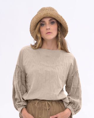 Boat Neck Pleated Crinkled Blouse