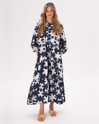 Big Floral Tiered Cotton Belted Maxi Shirtdress