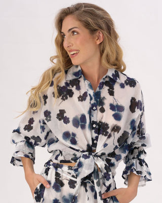 Tie Waist Button Up Watercolor Small Floral Shirt