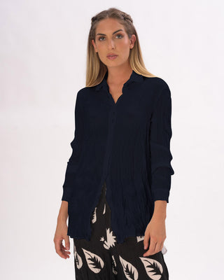 Pleated Crinkled Button Up Long Sleeve