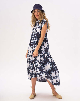 Cap Sleeve Tiered Watercolor Big Floral Cotton Dress - Baci Fashion