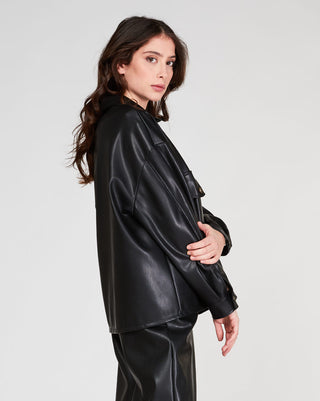 Faux Leather Button-Up Shirt Jacket