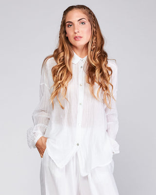 Cotton Silk Blend Sheer Bishop Sleeve Button-Up Shirt