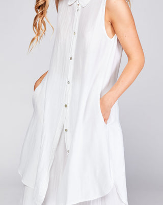 Cotton Silk Blend Sleeveless Button-Up Shirtdress