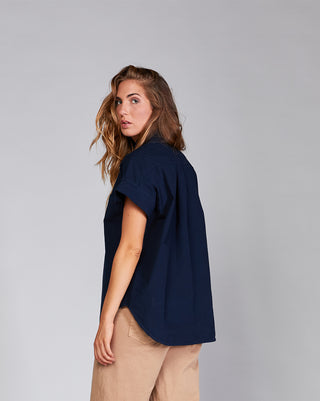 Cotton Short Sleeve Curved Button-Up Shirt