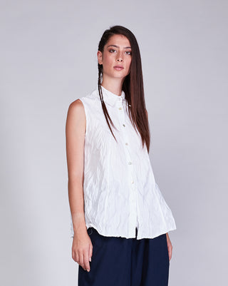 Cotton Crinkled Sleeveless Button-Up Shirt