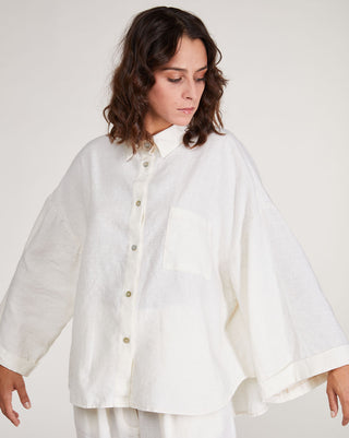 Upcycled Linen Pleat Back Hi-Lo Button-Up Shirt