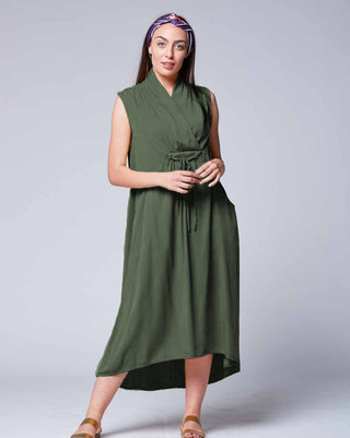 Khaki Tencel V-Neck Hi-Lo Sleeveless Drawstring Loose-Fit Casual Classy Wrap Dress
