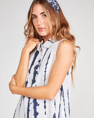 Linen Drip Striped Sleeveless Button-Up Shirtdress