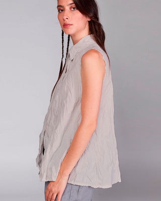 Cotton Crinkled Sleeveless Button-Up Shirt