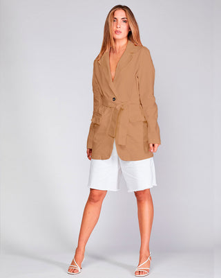 Cotton Two-Button Belted Long Blazer