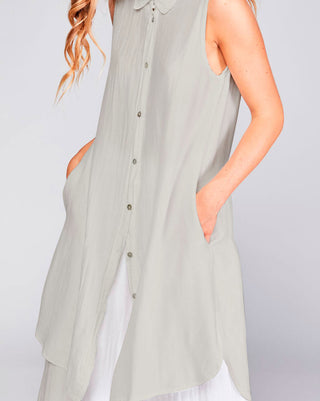 Cotton Silk Blend Sleeveless Button-Up Shirtdress
