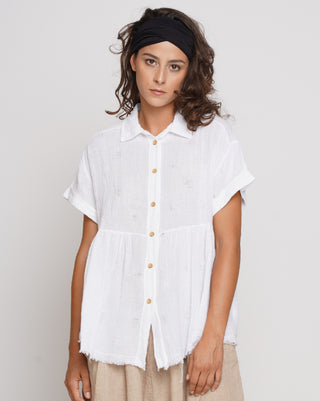 Wash Dyed Tiered Short Sleeve Button-Up Shirt