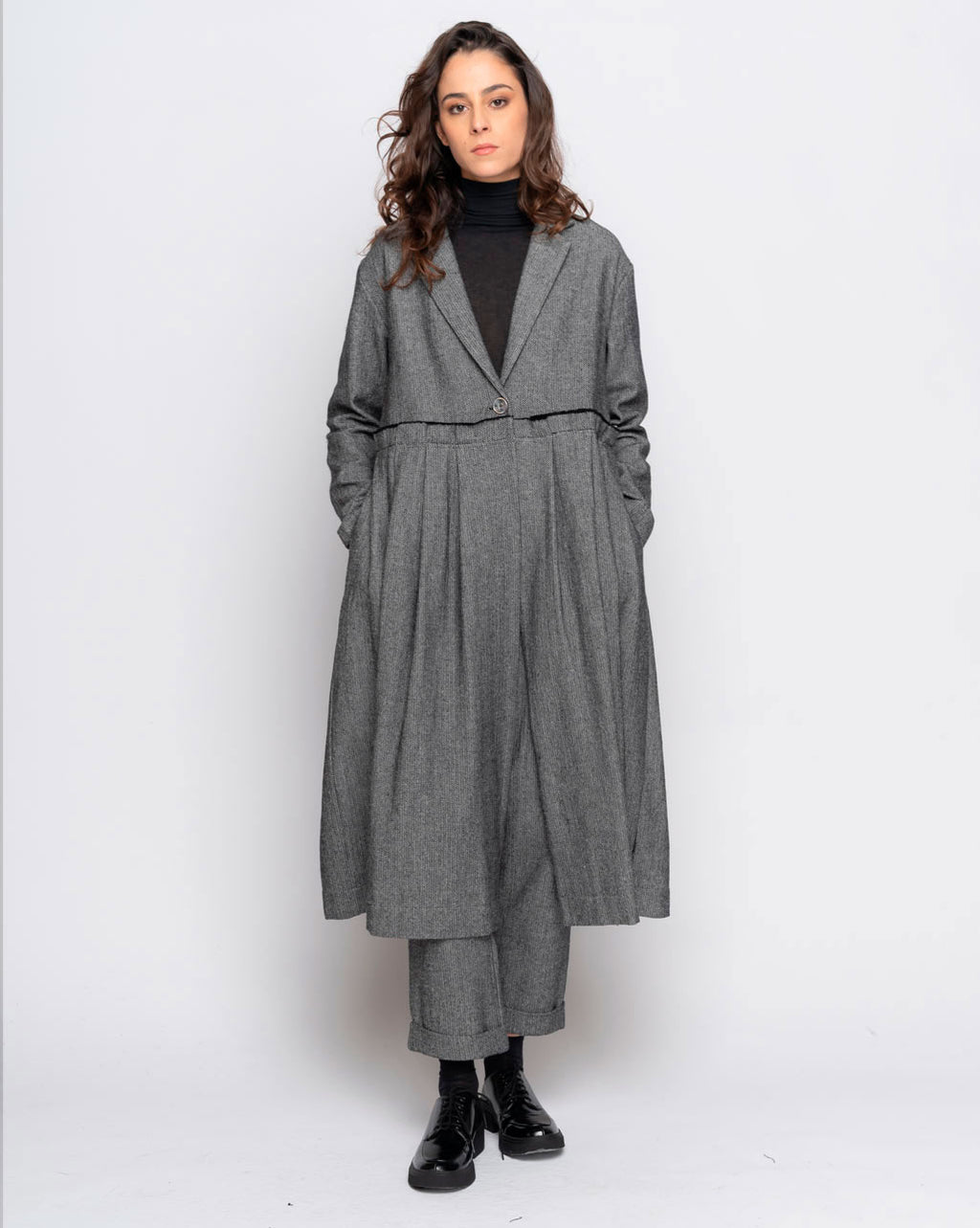 Pleated Single-Button Herringbone Overcoat Dress – Baci Fashion