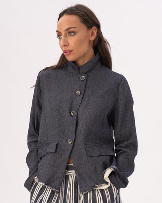 Indigo Raw Edge Cotton-Linen Layered Jacket