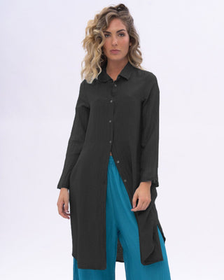 Cotton Silk Blend Pleated Sleeve Shirtdress - Baci Fashion
