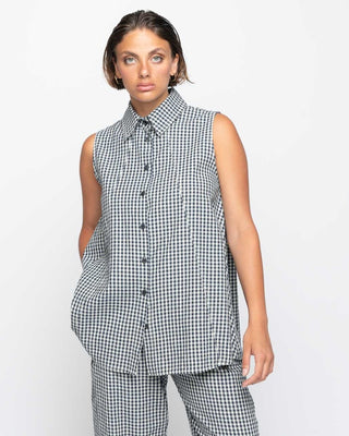 Crinkle Sleeveless Checker Button-Up Shirt - Baci Fashion