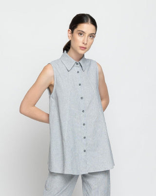 Crinkle Sleeveless Stripes Button-Up Shirt - Baci Fashion