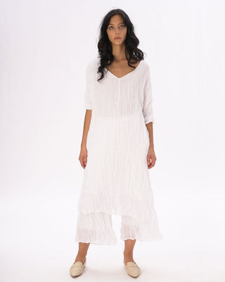 Crinkled Cotton Linen 3/4 Sleeve V-Neck Dress - Baci Fashion