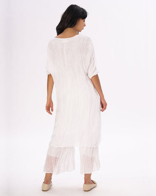 Crinkled Cotton Linen 3/4 Sleeve V-Neck Dress - Baci Fashion