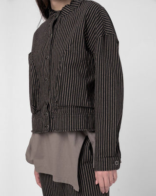 Cropped Band Collar Striped Jacket - Baci Fashion