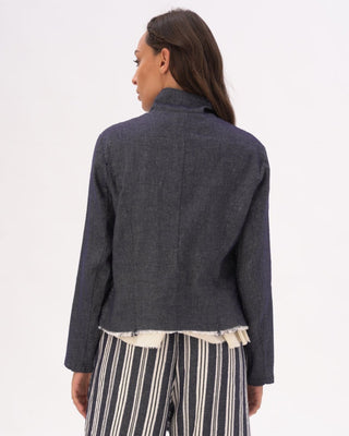Indigo Raw Edge Cotton-Linen Layered Jacket - Baci Fashion