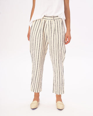 Light Striped Cotton Linen Elastic Pants - Baci Fashion
