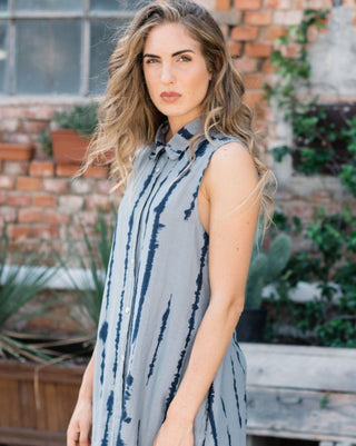 Linen Drip Striped Sleeveless Button-Up Shirtdress - Baci Fashion