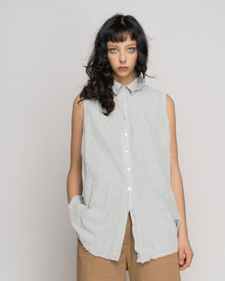 Organic Cotton Washed Button Up Crinkle Sleevless Shirt - Baci Fashion