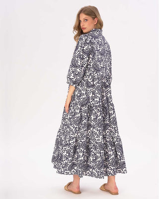 Paisely Floral Tiered Cotton Belted Maxi Shirtdress - Baci Fashion