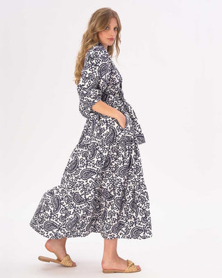Paisely Floral Tiered Cotton Belted Maxi Shirtdress - Baci Fashion