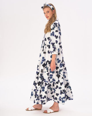 Small Floral Tiered Cotton Belted Maxi Shirtdress - Baci Fashion
