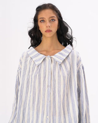 Striped Crinkled Button Up Peasant Shirt - Baci Fashion