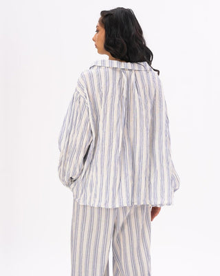 Striped Crinkled Button Up Peasant Shirt - Baci Fashion