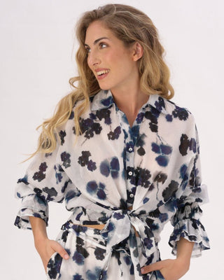 Tie Waist Button Up Watercolor Small Floral Shirt - Baci Fashion